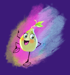 kartun illustration of the character. Pear fruit jumps in training