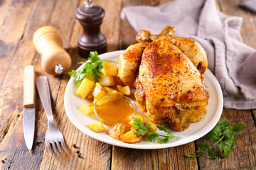 roasted chicken with sauce and potatoes