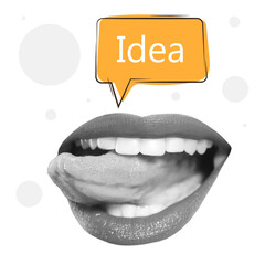 Modern design, contemporary art collage. Inspiration, idea, trendy urban magazine style. Female open mouth, charming smile with speech bubble on background.