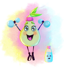 cheerful fruit raises dumbbells on a rainbow background