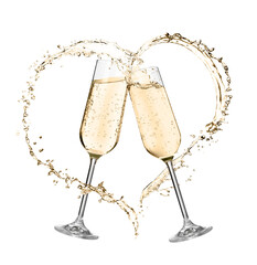 Glasses with sparkling wine and splashes on white background