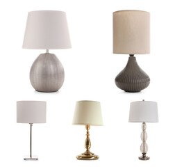 Set with stylish night lamps on white background