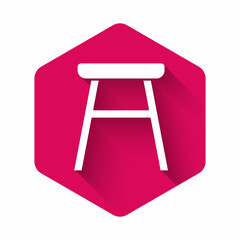 White Chair icon isolated with long shadow. Pink hexagon button. Vector