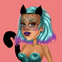 girl with cat ears and blue hair