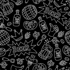 Vector seanless pattern on the theme of beer, drinks, alcohol. Cartoon background with food, sausage, mugs on black color - 450511855