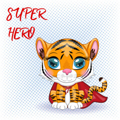 Cute cartoon tiger with beautiful eyes, orange in a red cloak, super hero