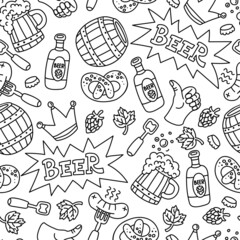 Vector seanless pattern on the theme of beer, drinks, alcohol. Cartoon background with food, sausage, mugs on white color