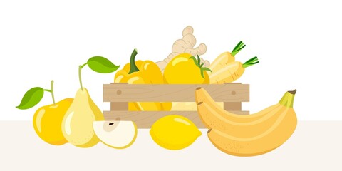Wooden box with yellow vegetables and fruits. Yellow halthy food in wooden box isolated on white. Fresh organic food for menu, banner . Eat colors for your health. Rainbow of fruits and vegetables