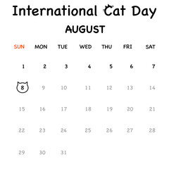 International Cat Day on calendar 8th August. Illustration in vector format.