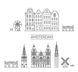Amsterdam City Line Silhouette. historical building - obrazy, fototapety, plakaty