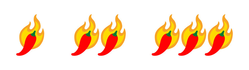 Three levels of spicy markers. Mild, medium and hot. Peppers over a flame. Flat vector isolated on white.