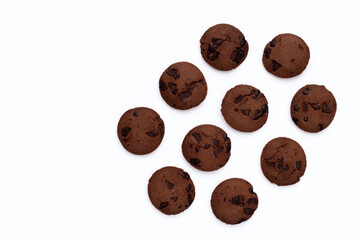 Obraz premium Chocolate chip cookies on white background.