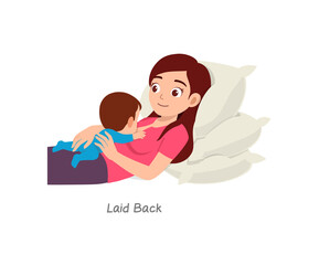 mother breastfeeding baby with pose named laid back
