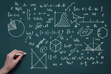 chalk board in the classroom with written formulas, diagrams and graphs, concept of school, study...