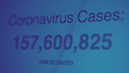 Coronavirus pandemic statistics on screen. Number of Covid 19 cases rising. Map data showing increasing numbers of Corona virus pandemic infected cases. international statistics. Health care concept. 