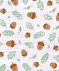 Acorns and oak leaves. Pattern, texture, background.