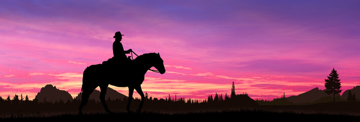 Cowboy on a horse at sunset © ginettigino