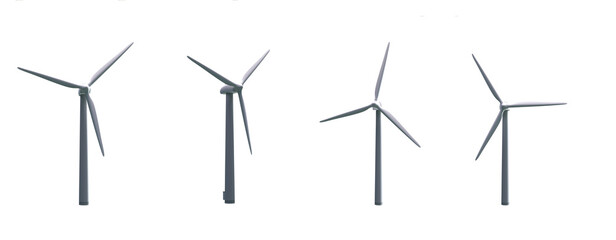 Wind turbines isolated on white background. 3D Rendering.