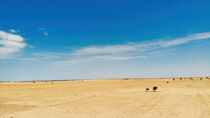 Fototapeta na wymiar Aerial photograph of the vehicle driving in the African Sahara desert