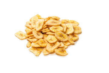 Banana chips isolated on a white background. Dehydrated banana.