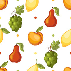 Vector seamless pattern. Fruits, lemon, grapes, peach, pear.