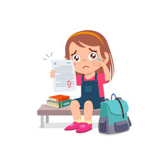 cute little girl feel sad because get bad grade from exam