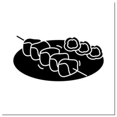 Suya glyph icon. Spicy meat skewer barbecued. Traditional dish with garnish.Afro-Caribbean food.Local food concept.Filled flat sign. Isolated silhouette vector illustration