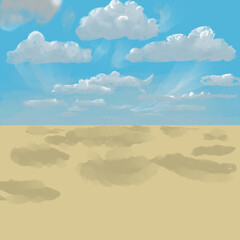 clouds in the blue sky in the perspective cast a shadow on the yellow grass. Painted landscape with space for text