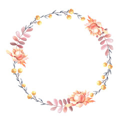 Obraz premium Watercolor tea rose with leaves. Watercolour floral wreath.Template with space for text.