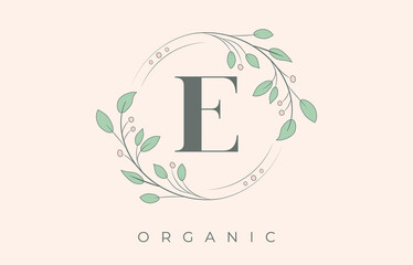 Organic E Letter Logo. Floral Bio and Beauty Retro Logo.