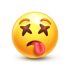 Dizzy emoji. Dead emoticon, yellow face with X Cross eyes and tongue out 3D stylized vector icon