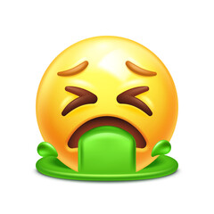 Vomiting emoji. Emoticon throwing up, yellow face with X-shaped eyes spewing green vomit 3D stylized vector icon