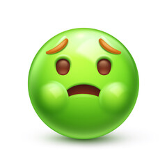 Holding back vomit emoji. Green emoticon face, disgust or nauseated 3D stylized vector icon