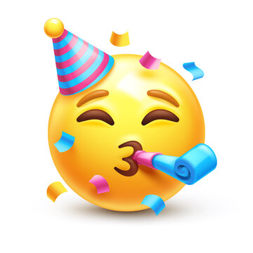 Partying emoji. Emoticon with party horn and hat, celebrating 3D stylized vector icon