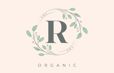 Organic R Letter Logo. Floral Bio and Beauty Retro Logo.