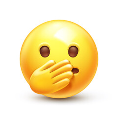 Emoji with hand over mouth. Oops or Oh my emoticon, yellow face with simple dots eyes and hand covering mouth 3D stylized vector icon