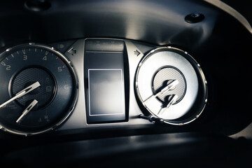 Close Up dashboard of mileage car. Passenger car speedometer with moving indicators.