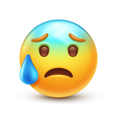 Anxious emoji with sweat. Concerned emoticon with blue forehead and cold sweat dripping down 3D stylized vector icon