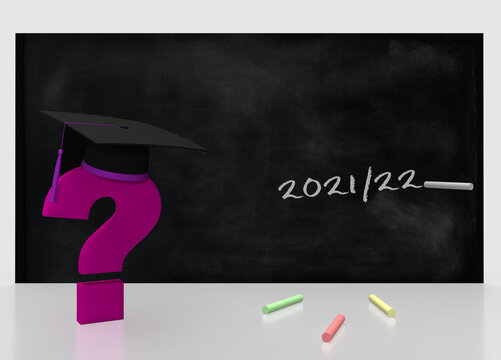 Question mark with student cap as frame with blackboard, chalk 2021 2022 text for back to school.