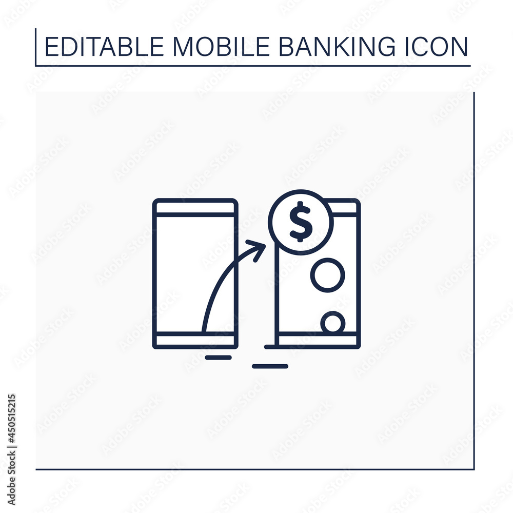 Poster transfer funds line icon. transaction money from one device to another. instant transit using phone 