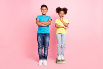 Full length body size view of two nice cheerful friends standing on book isolated over pink pastel...