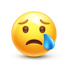 Crying emoji. Sad emoticon face with tear drop 3D stylized vector icon