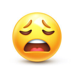 Fototapeta premium Weary emoji. Wailing emoticon, tired yellow face with frowning mouth 3D stylized vector icon