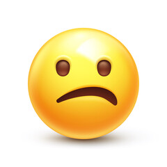 Confused emoji. Nonplussed emoticon with frowned lips. Puzzled yellow face 3D stylized vector icon