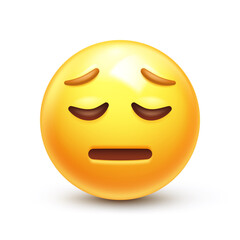 Pensive emoji. Sad emoticon with straight flat mouth and closed eyes 3D stylized vector icon