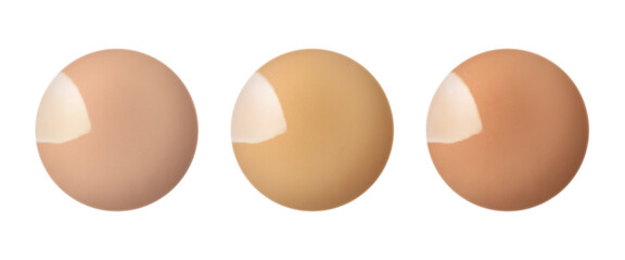 Set with different shades of liquid skin foundation on white background, top view. Banner design
