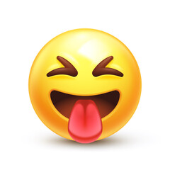 Taunting emoji. Squinting face, grin with tongue out and scrunched eyes 3D stylized vector icon