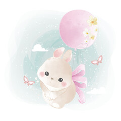 Obraz na płótnie Canvas Cute Bunny Flying With a Flowery Balloon