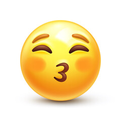 Kissing emoji with closed eyes. Kiss emoticon with happy blushing face 3D stylized vector icon