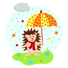Obraz na płótnie Canvas Сute hedgehog with an umbrella in polka dots on a meadow in the rain. Autumn illustration.